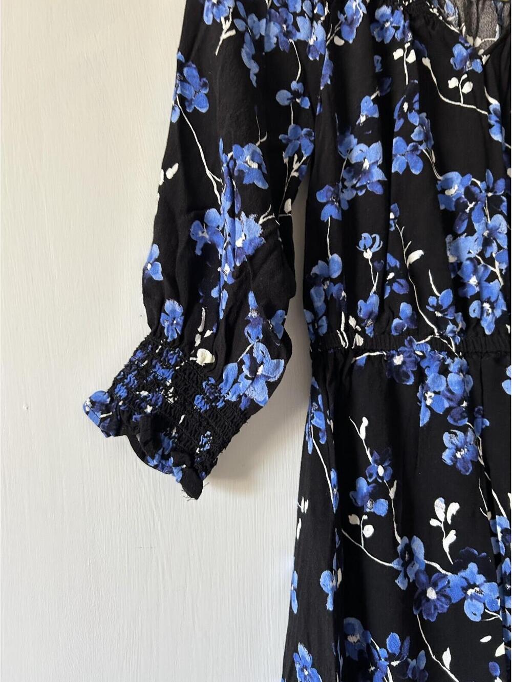 Talbots Petite P Black Blue Floral Smocked Midi Dress 3/4 Sleeve V Neck - Picture 2 of 6